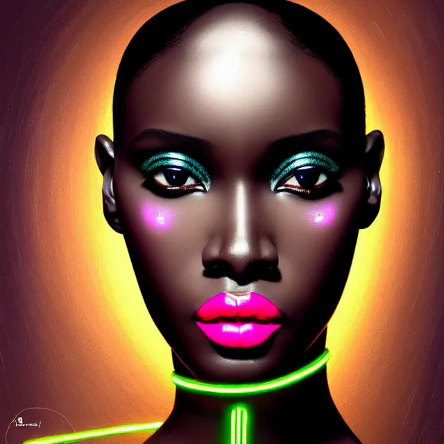 Image similar to african supermodel woman turning into an android portrait, dark surrealism, scifi, intricate, ornate, elegant, sharp eyebrows, platinum hair, highly detailed cybernetic body, neon glowing eyes, digital painting, artstation, concept art, smooth, sharp focus, illustration, art by artgerm and moebius and alphonse mucha