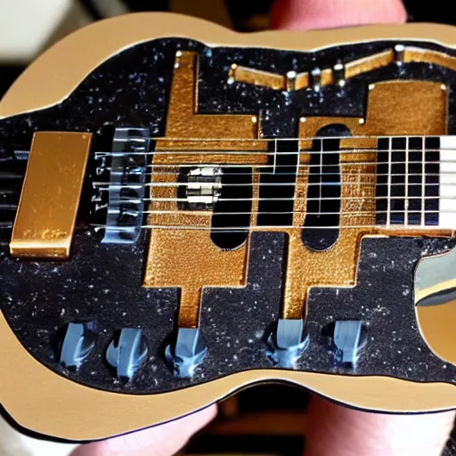 Image similar to an electric guitar made entirely out of bitcoin
