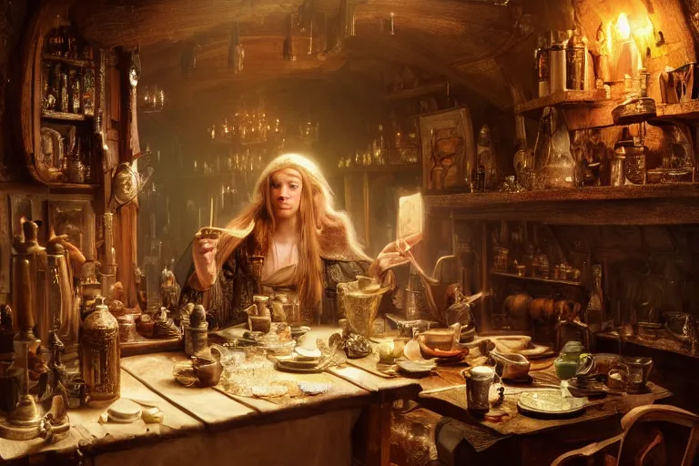 Prompt: Beautiful hyperrealistic detailed award winning photography of an elf in a tavern that looks like it's from lord of the rings and bazaar by greg rutkowski, andreas rocha and john howe, and Martin Johnson Heade,featured on artstation, ultrawide angle,f16 , golden ratio, f32, well composed, cohesive