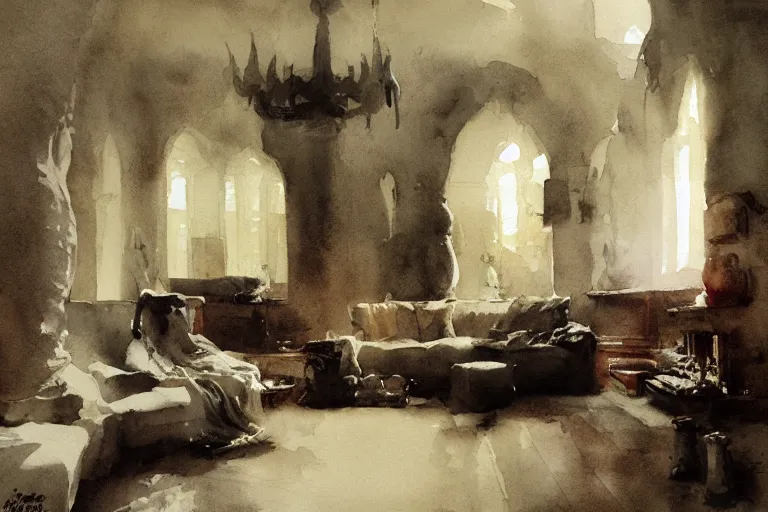 Prompt: abstract watercolor painting of hedonic scandinavian king house interior, in stone, low ceiling, magical and traditional, cinematic light, national romanticism by anders zorn, by greg rutkowski, by greg manchess