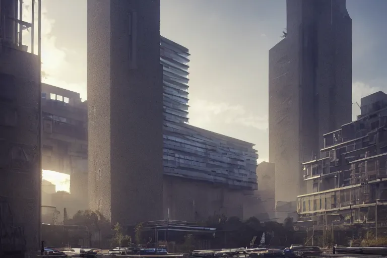 Image similar to streetscape, a towering cathedral of brutalist architecture, buildings covered with greebles, stunning volumetric light, sunset, metal, concrete and translucent material, stunning skies, majestic landscape, trending on Artstation, 8k, photorealistic, hyper detailed, unreal engine 5, IMAX quality, cinematic, epic lighting, in the style of Greg Rutkowski