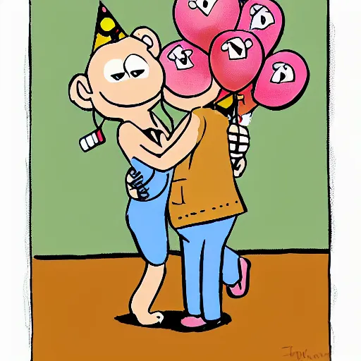 Image similar to an older monkey hugging his younger sister, birthday, cake, cartoon, birthday card