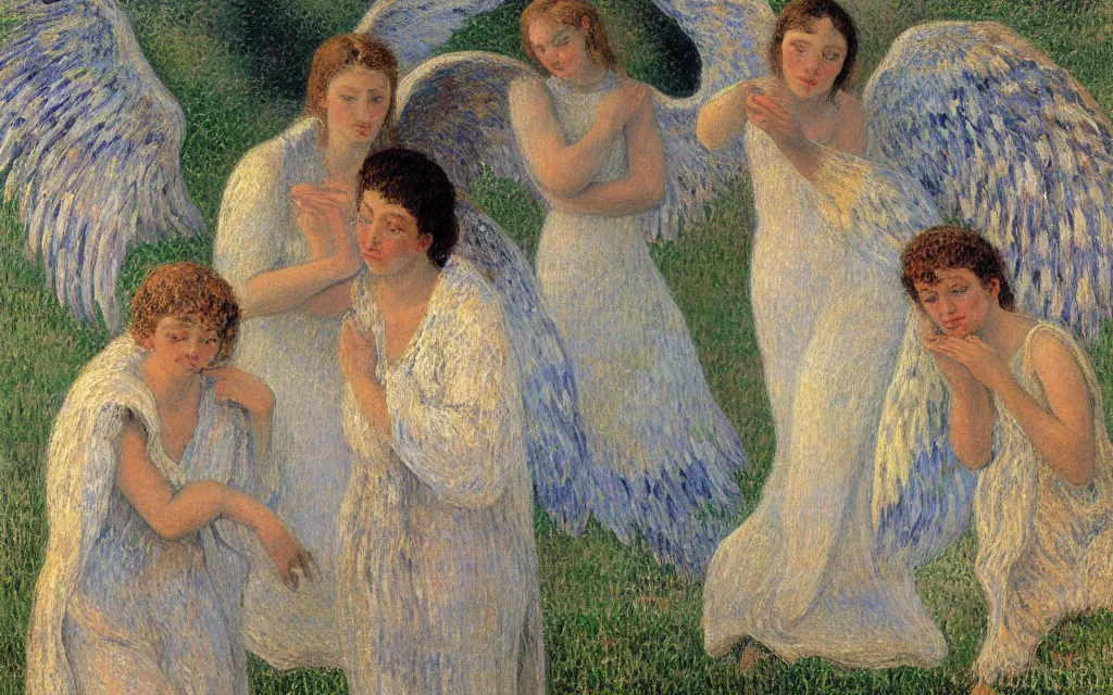 Prompt: vision of angels with a broken halo, trying to fix it by camille pissarro and paul gustave fischer