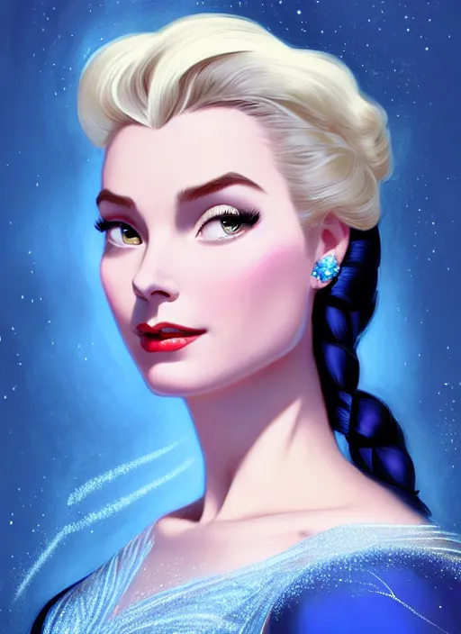 Image similar to Grace Kelly with Dark Blue Hair as Elsa from Frozen, western, D&D, fantasy, intricate, elegant, highly detailed, digital painting, artstation, concept art, matte, sharp focus, illustration, art by Artgerm and Greg Rutkowski and Alphonse Mucha, disney, masterpiece, stunning, artstation