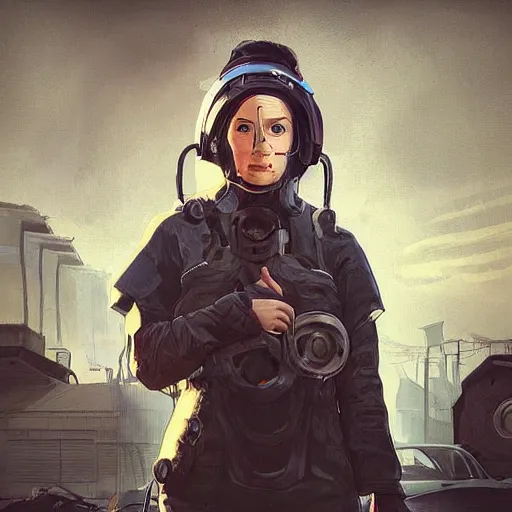 Image similar to “a mid distance portrait of woman wearing a survival outfit, lots of gear. Junkyard in the background. Science fiction. Intricate digital painting. Character portrait. Character design. Concept art. Symmetrical face. Detailed realistic face.”