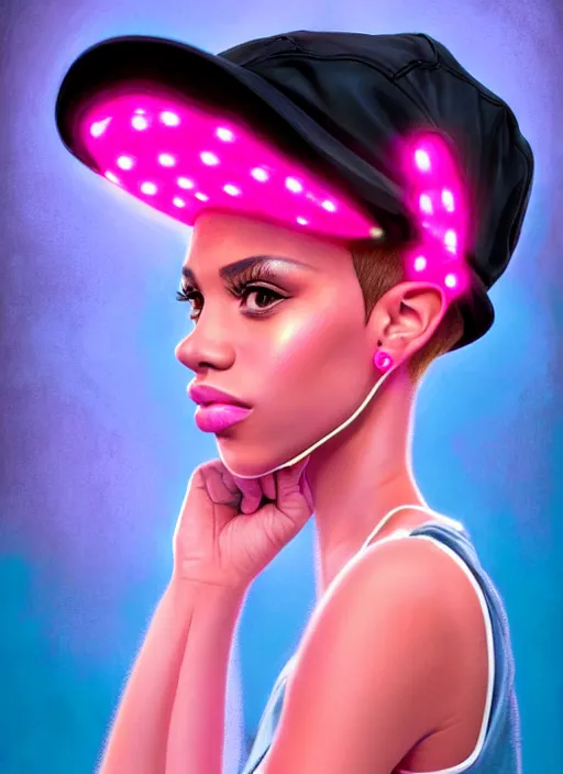 Image similar to portrait of teenage vanessa morgan with bright pink hair, black girl, curly pixie cut hair, wearing newsboy cap, pink short haircut, newsboy cap, hoop earrings, blue eyes, intricate, elegant, glowing lights, highly detailed, digital painting, artstation, concept art, smooth, sharp focus, illustration, art by wlop, mars ravelo and greg rutkowski