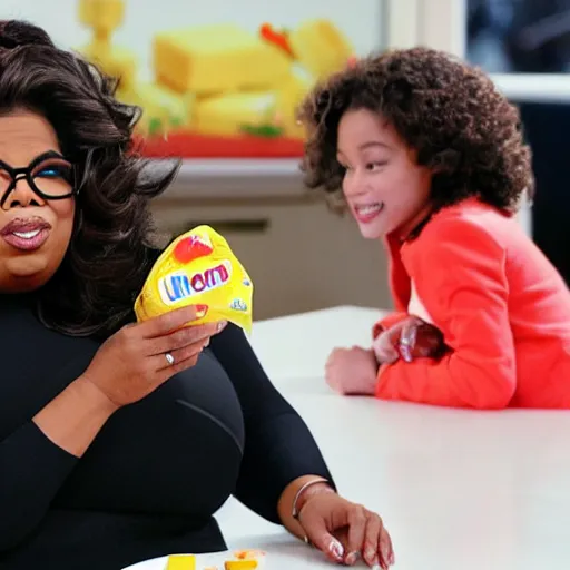 Image similar to obese oprah winfrey eating kinder surprise