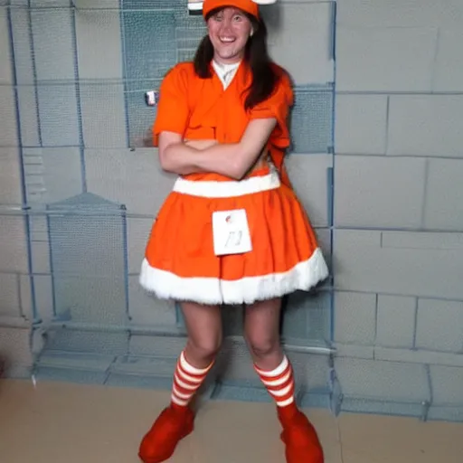 Prompt: photo of a cute chick dressed as an inmate