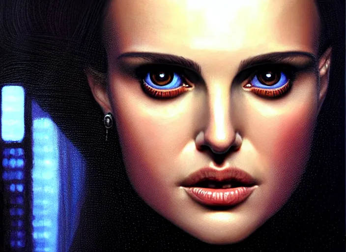 Image similar to portrait shot of natalie portman in bladerunner, intricate, elegant, highly detailed, centered, digital painting, artstation, concept art, smooth, sharp focus, illustration, artgerm, tomasz alen kopera, peter mohrbacher, donato giancola, joseph christian leyendecker, wlop, boris vallejo