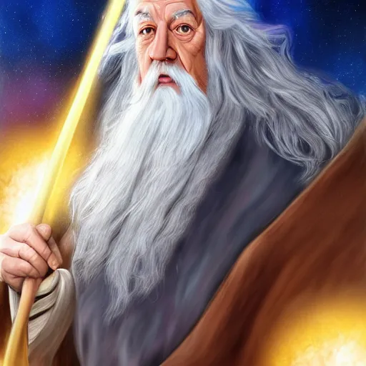 Image similar to gandalf, flying on dragon, highly detailed, digital art,