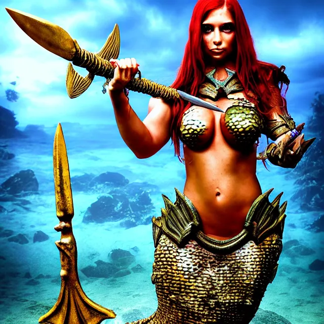 Prompt: armoured mermaid warrior with trident 4 k, hdr, smooth, sharp focus, high resolution, award - winning photo, anne stokes, photorealistic