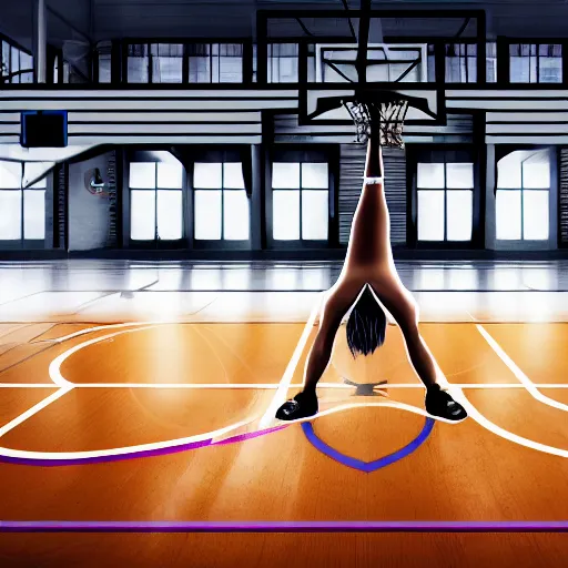 Image similar to a girl doing a handstand on the school basketball court, digital art, lens flare