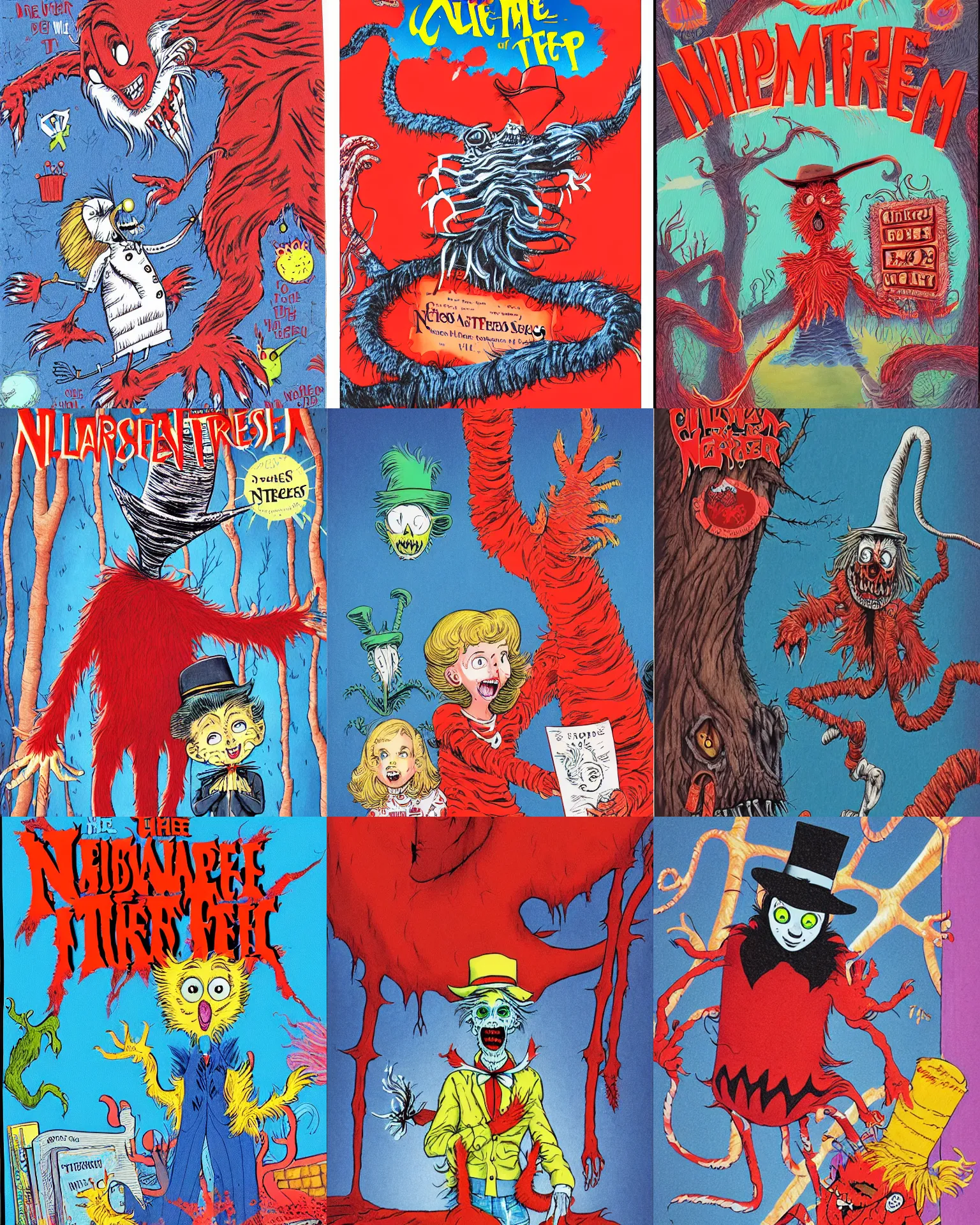 Image similar to childrens book cover for Nightmare on Elm street by Dr Seuss, dr. Seuss art, childrens book, illustration, detailed