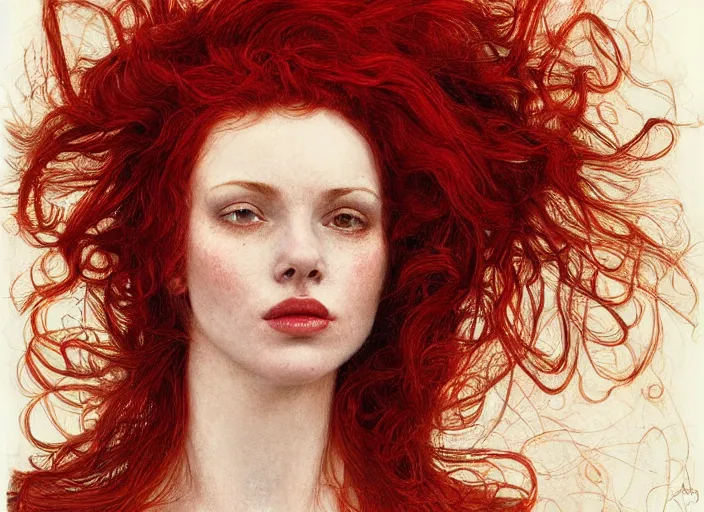 Image similar to a highly detailed beautiful portrait of woman with deep red hair, heat emanating from her hair ( fiery ), james gurney, james jean