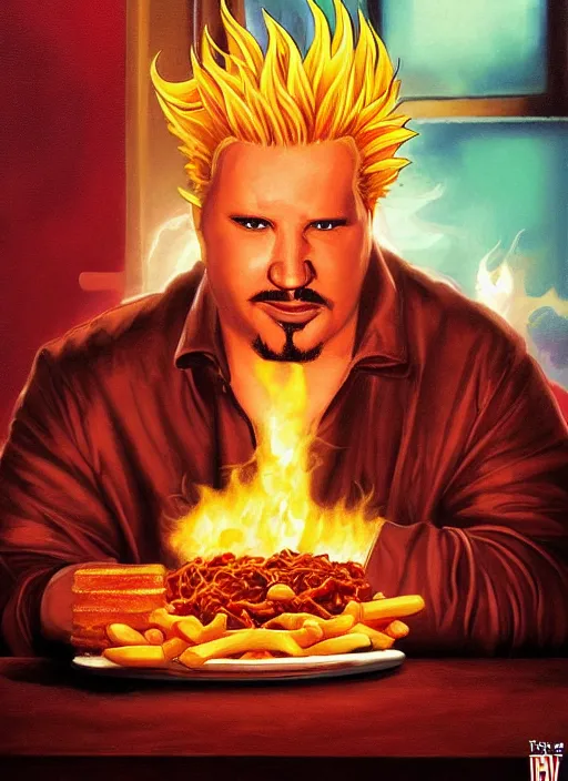 Prompt: epic cinematic poster artwork for guy fieri eating chili cheese fries, moody painting by drew struzan, beautiful backlit, colorful, iconic composition, epic award winning, artstation, extremely detailed, flare, photorealistic, 4 k