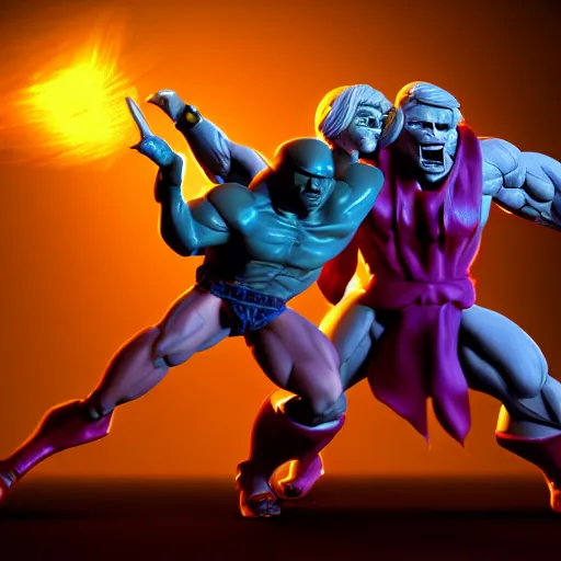 Prompt: He Man dancing with Skeletor, cinematic lighting, photorealistic