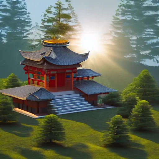 Image similar to an isometric 3 d render of a buddhist shrine in the forest, isometric, octane render, sunbeams