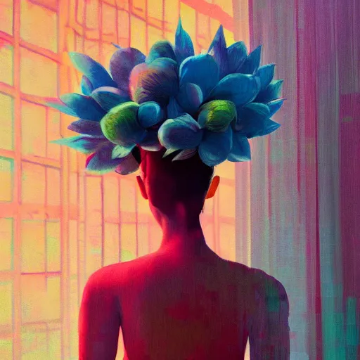 Image similar to closeup, giant flower head, woman next to modern windows, luxury apartment, surreal photography, dramatic light, impressionist painting, digital painting, artstation, james gilleard