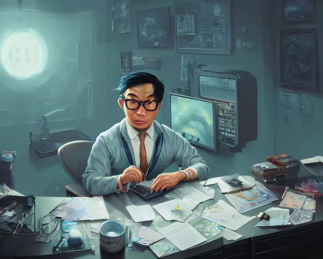 Image similar to an insanely detailed painting of a nerdy asian man wearing a superhero costume, sitting at a desk, staring at the nervously at the computer and typing, in the style of peter mohrbacher, dramatic lighting and composition, surreal background, octane render, pixar, trending on artstation, concept art, comic book, view from behind