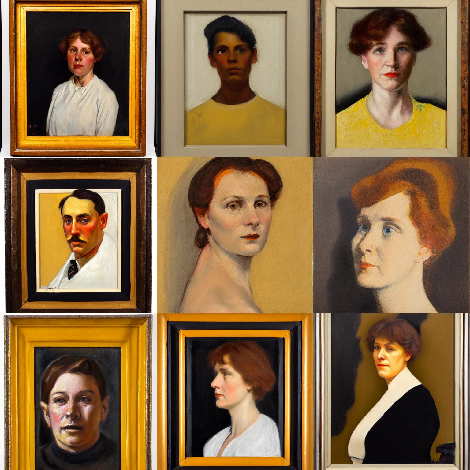 Prompt: portrait in the style of american realism ( 1 9 1 1 ), yellow ochre, ( ivory black ), vermillion, and titanium white