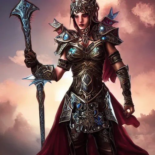 Image similar to a fantasy warrior woman with sword drawn and in hand, shield in the other hand in a heroic pose, beautiful exaggerated ornate armor with gem embedded in the center, cinematic, magical energy emanating from it, high resolution