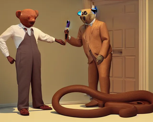 Prompt: the famous snake oil salesman Uncle Aloysius curing a patient of 🐻, painting by Grant Wood, 3D rendering by Beeple, sketch by R. Crumb