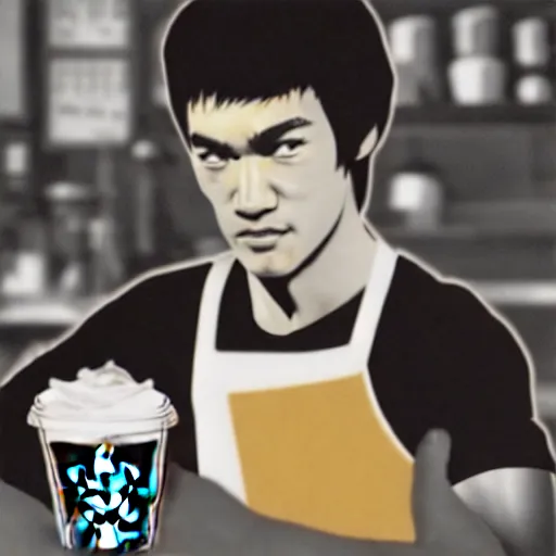 Image similar to bruce lee as a barista working in starbucks digital art