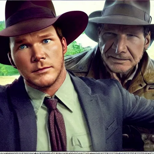 Image similar to chris pratt as indiana jones, selfie with older harrison ford, high detailed, symmetrical