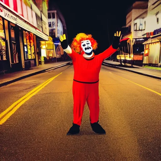 Image similar to a clown in the middle of the street at night, dash cam footage