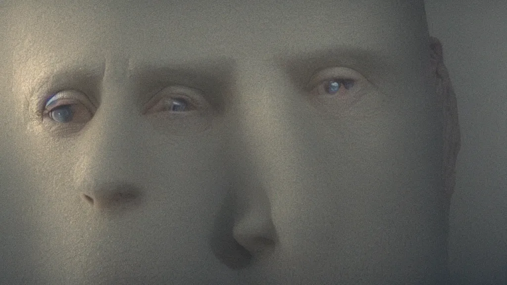 Prompt: the giant head looks at us through the window, film still from the movie directed by Denis Villeneuve with art direction by Zdzisław Beksiński, wide lens