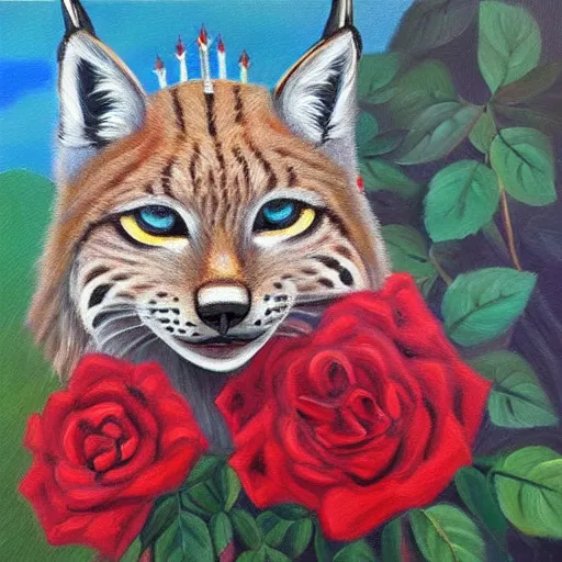 Image similar to an expressive oil painting of a lynx waring a crown!! made out of roses, crown of roses, roses in the shape of a hat, high quality art,