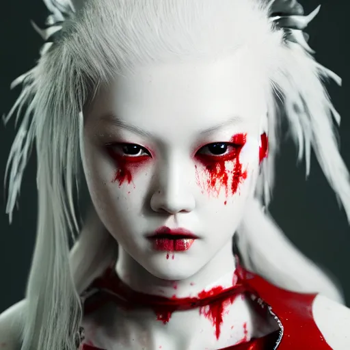 Image similar to beautiful albino Asian girl armor covered in blood, unreal engine octane, red and white, portrait, gliter, depth of field, 8k, hyper detailed