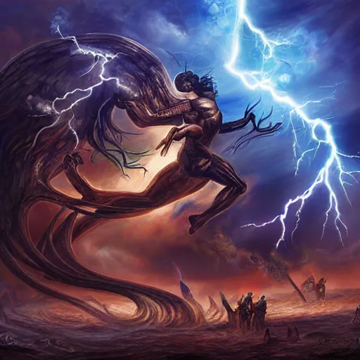 Prompt: gods fighting against the surrealistic outer enemies, scene of myth, cosmic horror, lightening, thunder, tornado, apocalypse, artgerm style, high quality, high definition digital art, highly detailed 8K