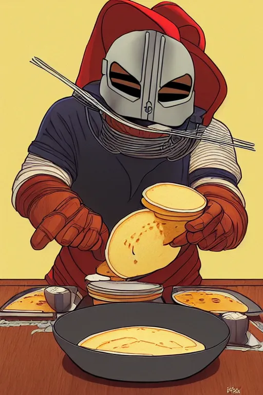 Image similar to mf doom making pancakes, animation pixar style, pendleton ward, magali villeneuve, artgerm, rob rey and kentaro miura style, golden ratio, behance, trending on art station