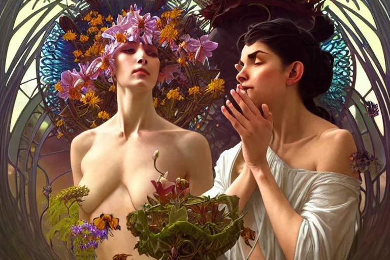 Prompt: the platonic ideal of flowers, growing, insects and praying of ubermench, mix of a woman and a man, d & d, fantasy, ego death, decay, dmt, psilocybin, art by artgerm and greg rutkowski and alphonse mucha