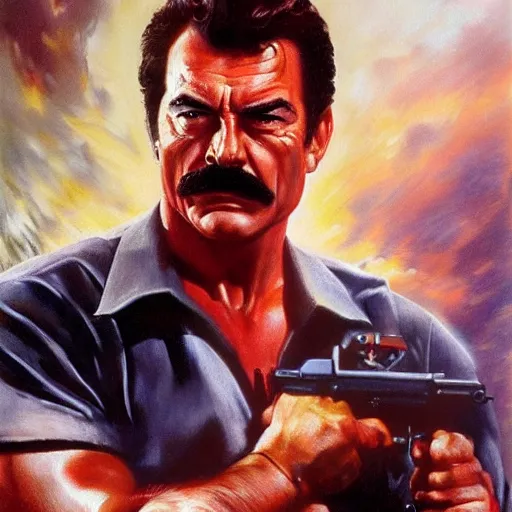 Image similar to ultra realistic portrait painting of tom selleck as the terminator, art by frank frazetta, 4 k, ultra realistic, highly detailed, epic lighting