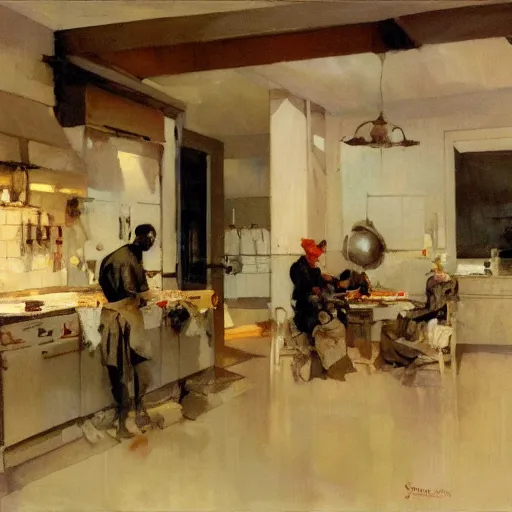 Image similar to a busy kitchen by mead schaeffer