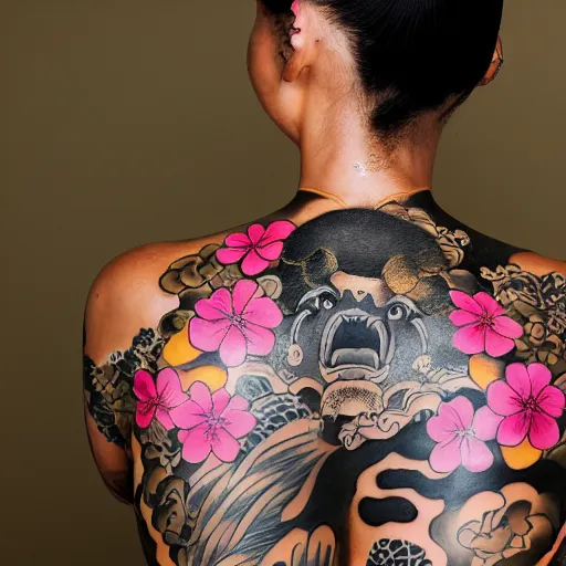 Image similar to photography of the back of a woman with a black detailed irezumi tatto representing a gold tiger with pink flowers on her entire back, dark hangar background, mid-shot, editorial photography