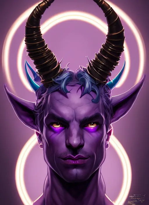 Prompt: symmetry!! portrait of a mischievous male purple and teal skinned tiefling with demon horns and piercings, glowing lights!! intricate, elegant, highly detailed, digital painting, artstation, concept art, smooth, sharp focus, illustration, art by artgerm and greg rutkowski and alphonse mucha