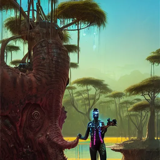 Image similar to a zulu cyberpunk hunter near a pink crocodile infested lake witha a baobab tree by greg rutkowski and android jones in a surreal portrait style, oil on canvas, 8k resolution.