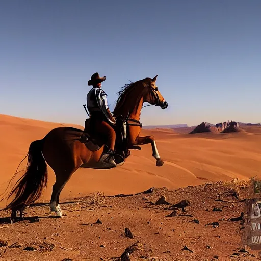 Prompt: gunslinger on a horse overlooking the desert, by Bruce Trimm and Eric Radomski