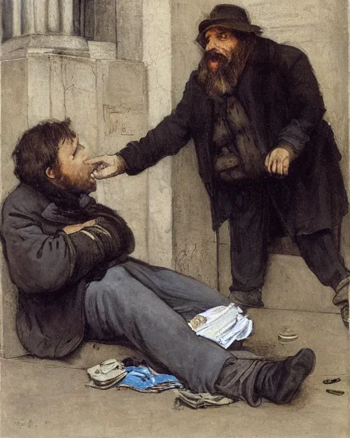 Prompt: homeless Alex Jones begging for money on the street, artwork by Gustave Courbet