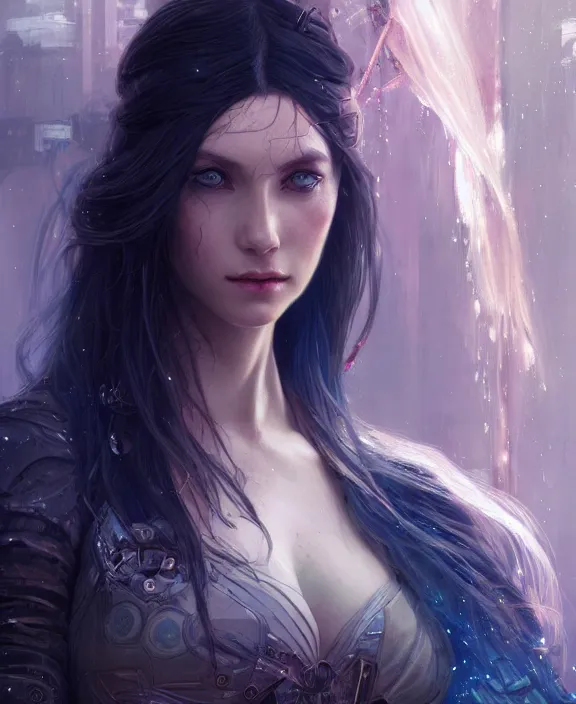 Image similar to portrait of a cyberpunk beautiful goddess, soft hair, half body, d & d, fantasy, intricate, elegant, highly detailed, digital painting, artstation, concept art, art by artgerm and greg rutkowski and alphonse mucha