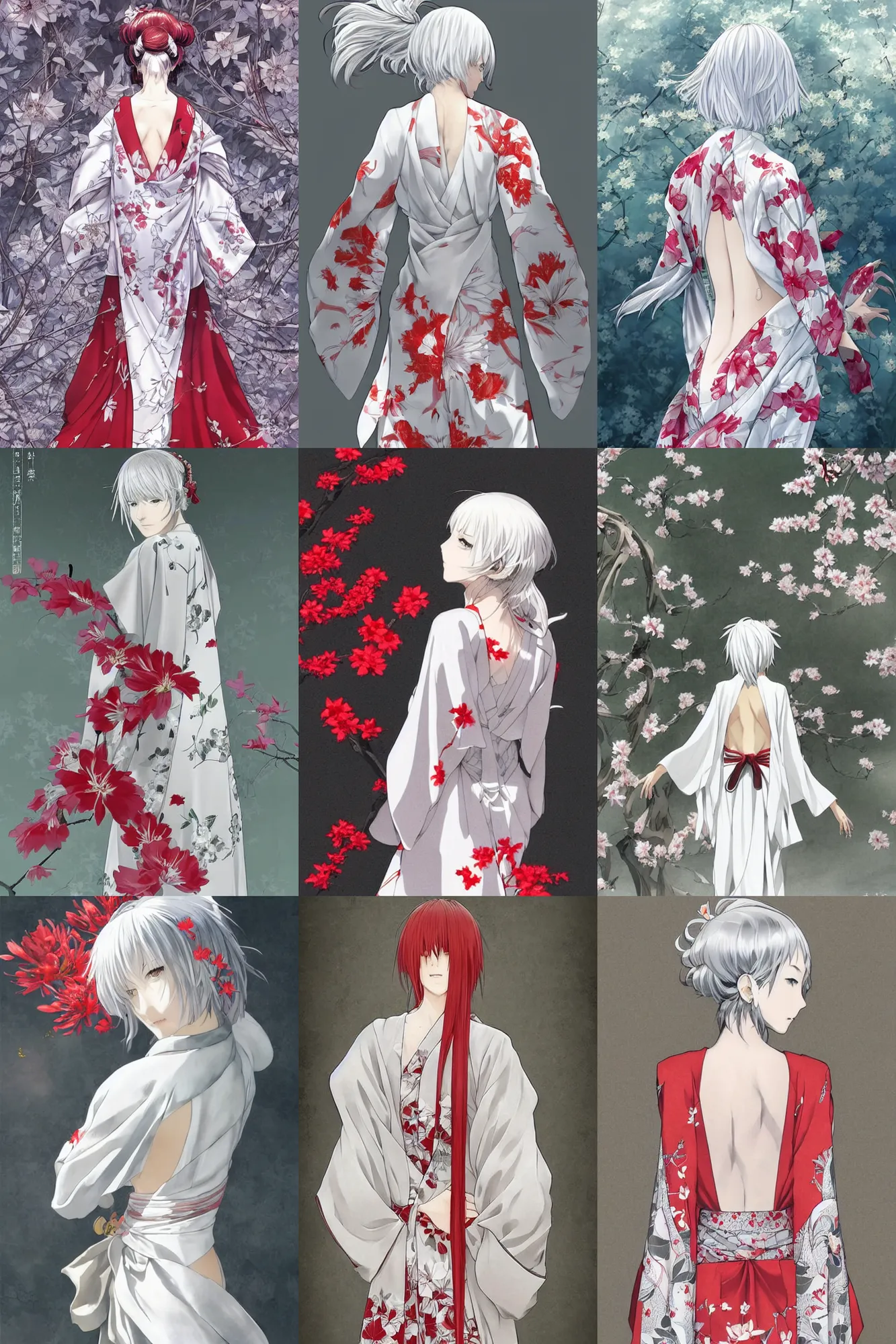 Prompt: beautiful girl, silver hair, white kimono with complex red flower patterns, full body, looking to camera, showing her back, ilustration by Takehiko Inoue ((and Krenz Cushart))