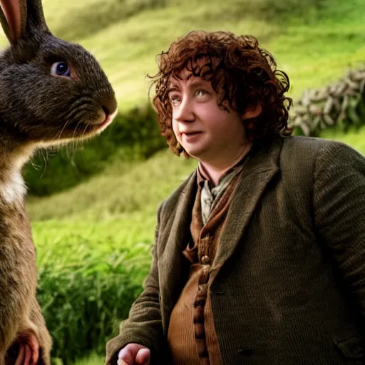 Image similar to Bartook a twenty-something hobbit with short curly dark brown hair who is slightly overweight standing next to a giant rabbit, high resolution film still, movie by Peter Jackson