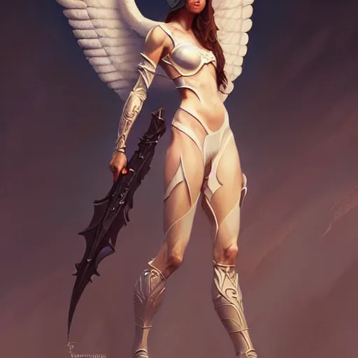 Image similar to fullbody!! female fantasy angel trending on artstation, smooth and sharp, intricate, fine details, elegant, dynamic pose, detailed and intricate environment, professional character concept art by tatyana kupriyanova and greg rutkowski and raymond swanland