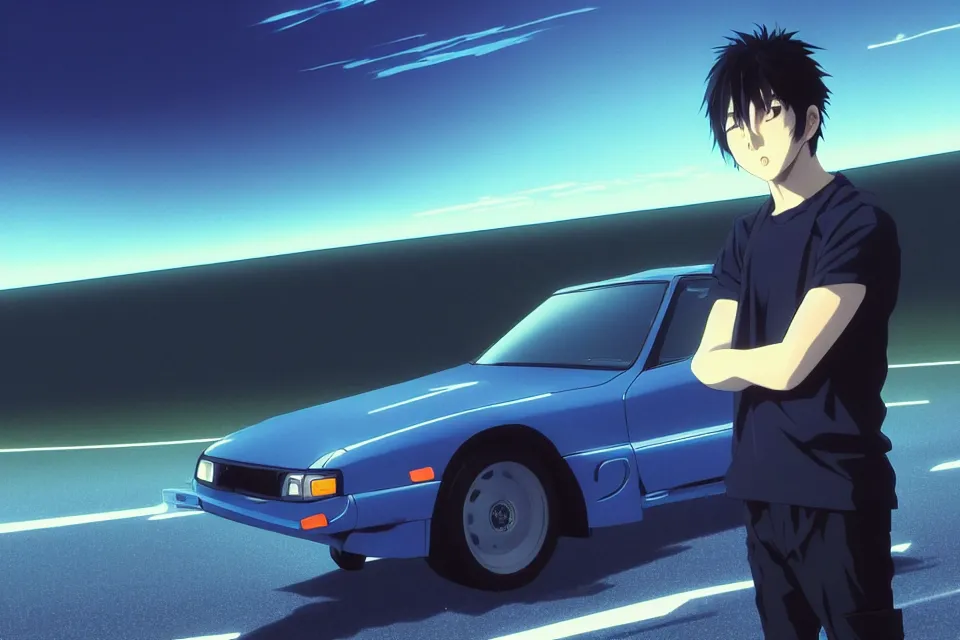 Prompt: aesthetic illustration of very serious ryosuke takahashi with black hair wearing a dark blue shirt standing near mazda rx 7 on an empty highway at dusk, cinematic lighting, initial d anime 1 0 8 0 p, detailed anime face, high detail, 9 0 s anime aesthetic, volumetric lights, unreal engine 5 render, pinterest wallpaper, trending on artstation