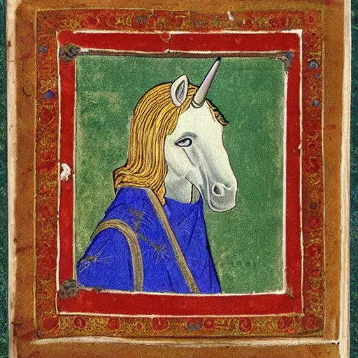 Image similar to unicorn portrait as a medieval gravure