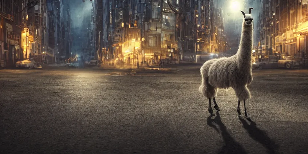 Prompt: a llama walking through a desolate city street at night, realistic 4 k octane beautifully detailed render, 4 k post - processing, highly detailed, intricate complexity, epic composition, magical atmosphere, cinematic lighting, masterpiece, ultra hd