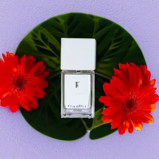 Image similar to centered bright perfume bottle sitting on a white clean surface surrounded by a plethora of white flowers and oranges upfront, with dreamy bright blue sky and clouds in the background, softly - lit, soft - warm, zen, light, modern minimalist f 2 0 clean